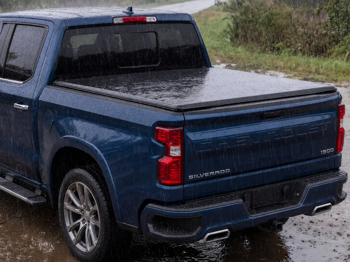 Soft tri-fold tonneau cover shedding heavy rain