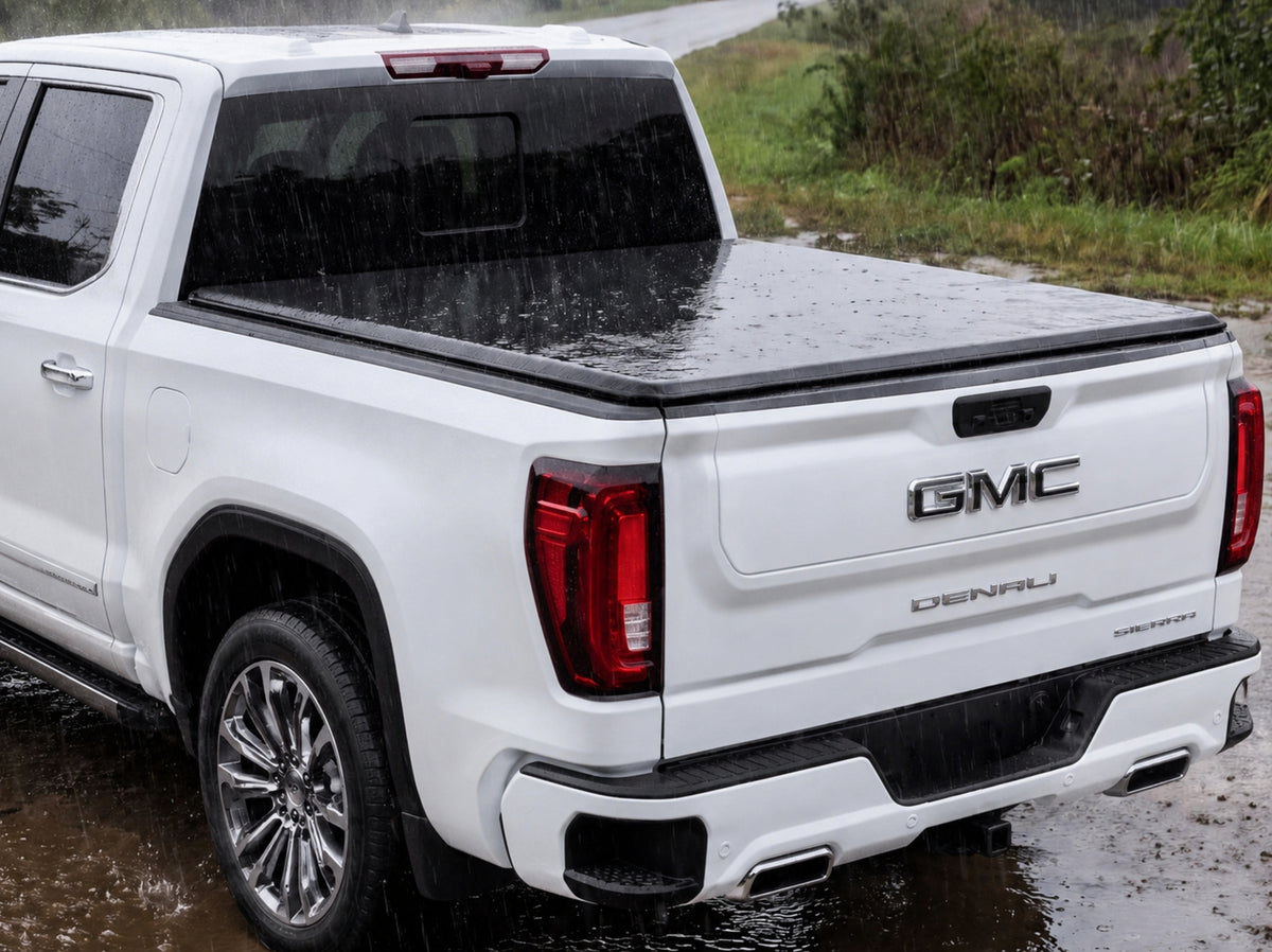 Soft tri-fold tonneau cover shedding heavy rain