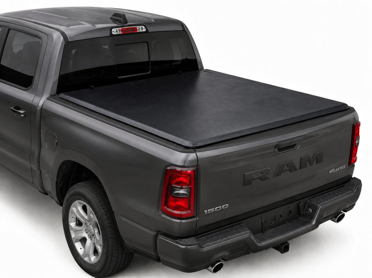 TruckTon soft tri-fold tonneau cover closed on a RAM — low flush profile
