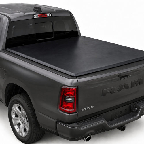 TruckTon soft tri-fold tonneau cover closed on a RAM — low flush profile