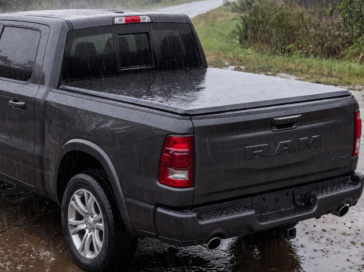 Soft tri-fold tonneau cover shedding heavy rain