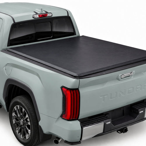 TruckTon soft tri-fold tonneau cover closed on a Toyota — low flush profile