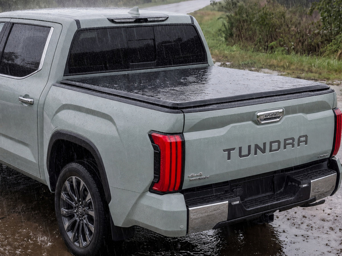 Soft tri-fold tonneau cover shedding heavy rain