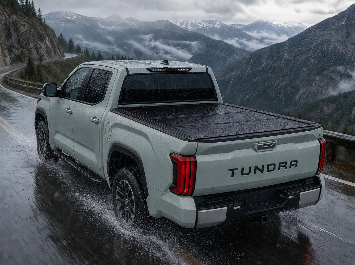 Sealed flip-back tonneau cover in heavy rain