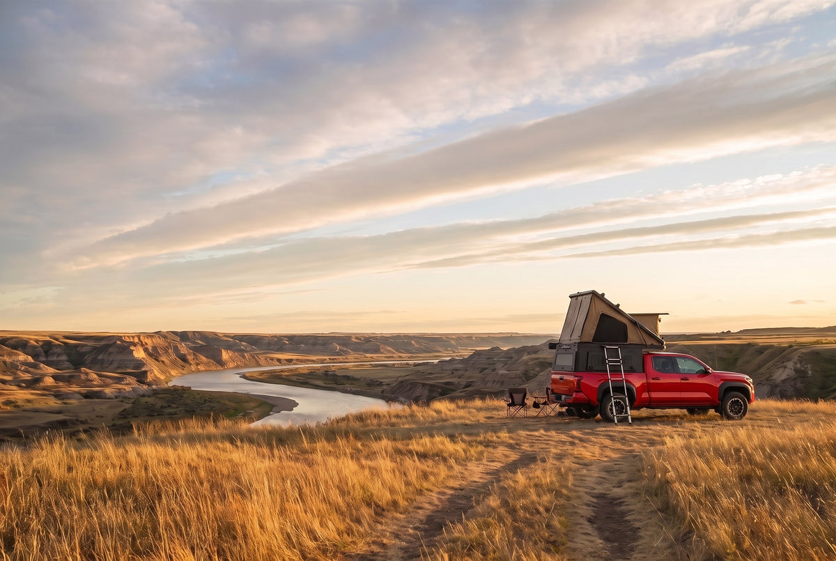 Wide view of a Toyota Tacoma pop-up truck cap camper camped above an Alberta badlands river valley in evening light