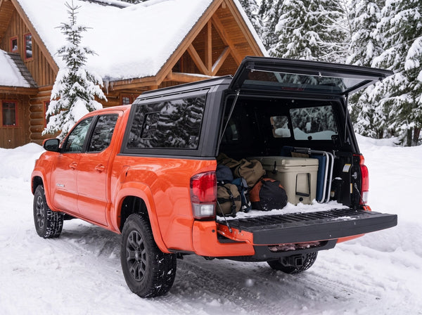 Toyota Tacoma with an aluminum truck cap on a winter road