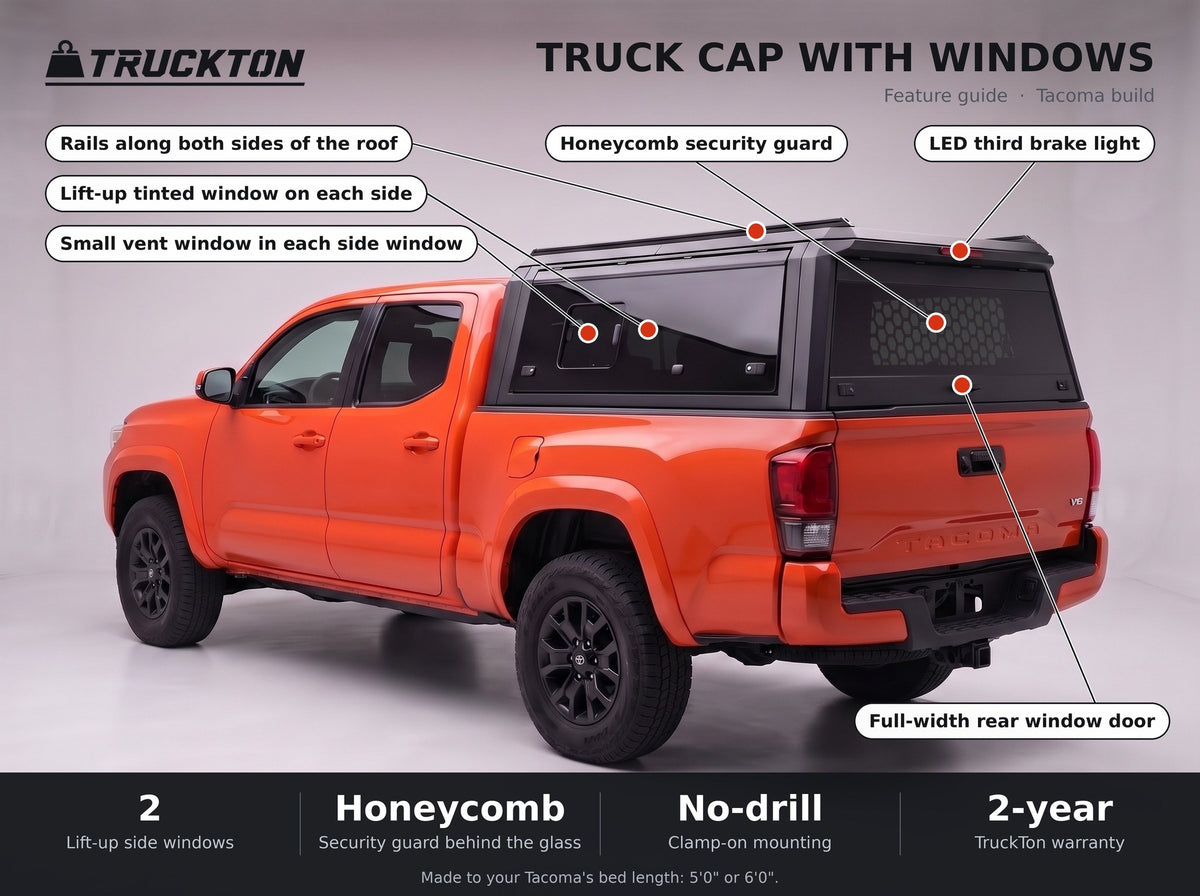 Feature guide for the TruckTon truck cap with windows on a Toyota Tacoma: lift-up tinted windows, honeycomb security guard, vent windows, rails on the roof and LED third brake light