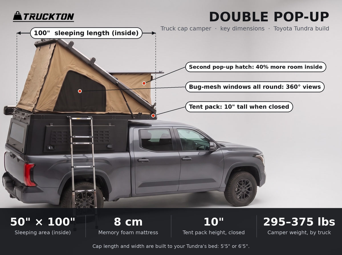 Double Pop-Up truck cap camper dimensions on a Toyota Tundra: 50 by 100 inch sleeping area, 10 inch closed tent height, 295 to 375 lbs