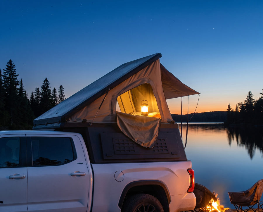 Toyota Tundra pop-up camper glowing at dusk beside a northern lake with a campfire