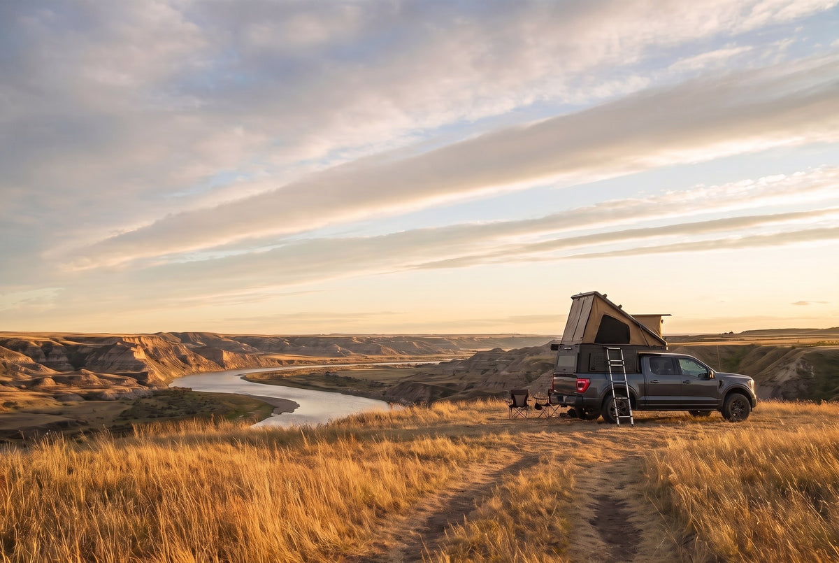 Wide view of a Toyota Tundra pop-up truck cap camper camped above an Alberta badlands river valley in evening light