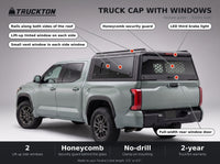 Feature guide for the TruckTon truck cap with windows on a Toyota Tundra: lift-up tinted windows, honeycomb security guard, vent windows, rails on the roof and LED third brake light
