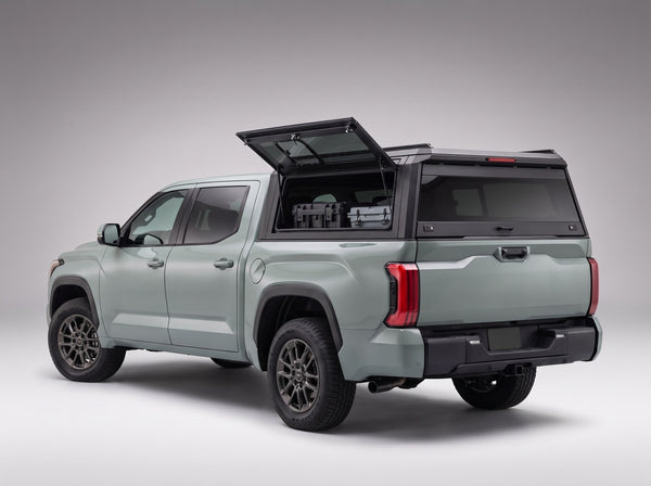 Lift-up tinted side window on the Toyota Tundra aluminum truck cap