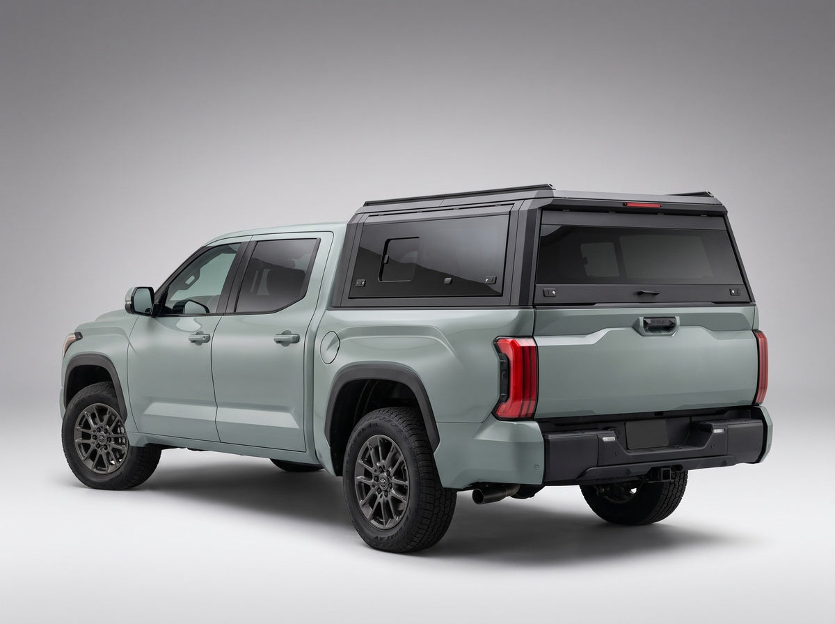 Matte black aluminum truck cap with tinted windows on a Toyota Tundra, studio rear three-quarter view